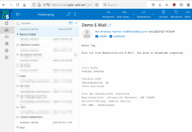 Screenshot: Roundcube Webmail Posteingang