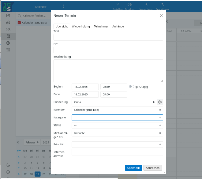 Screenshot: Roundcube Webmail Kalender