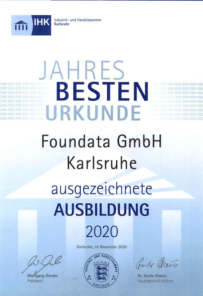 Jahresbestenurkunde der IHK Karlsruhe 2020 für ausgezeichnete Ausbildung